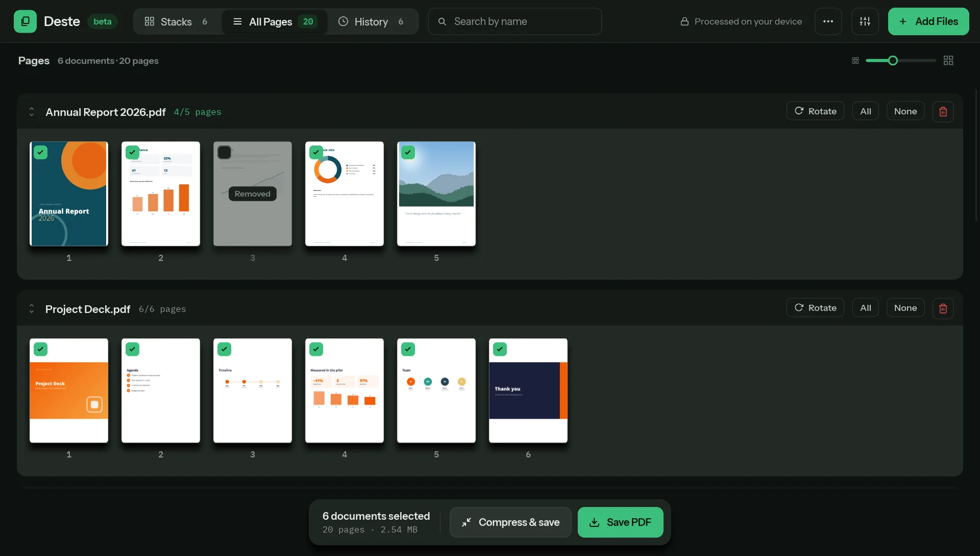 Deste’s All Pages view: each document’s pages in one row.