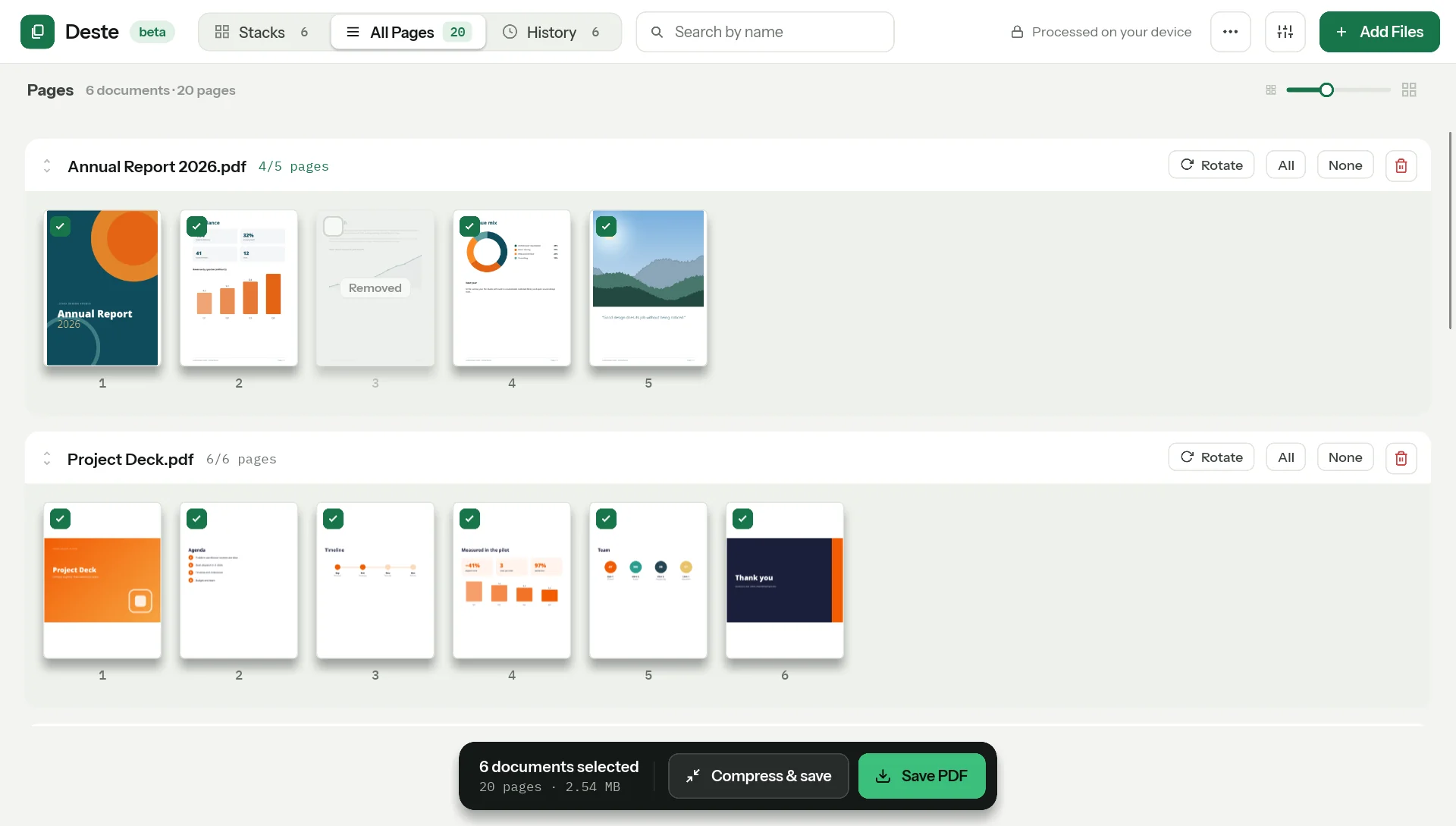 Deste’s All Pages view: each document’s pages in one row.