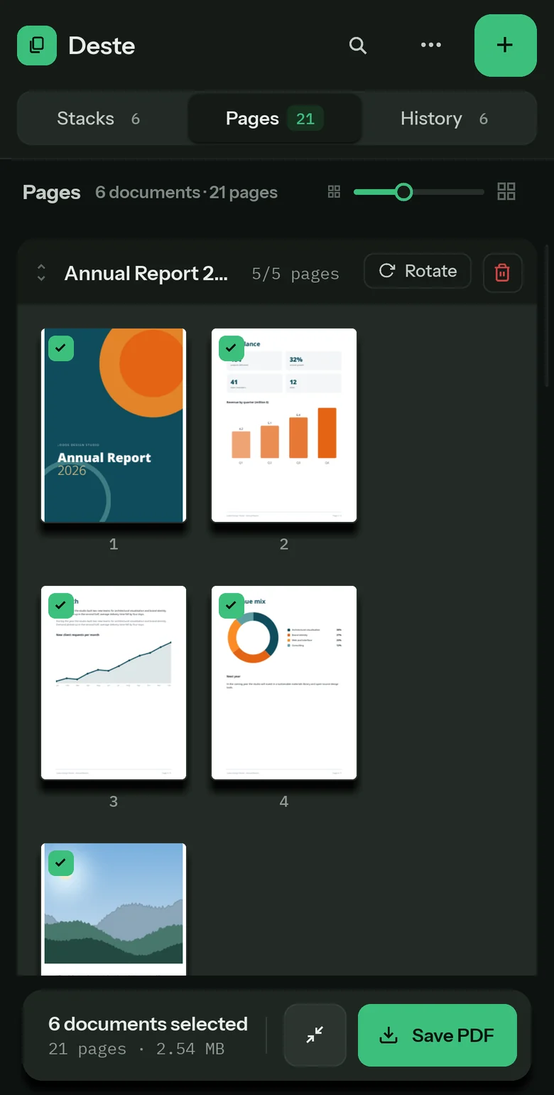 Deste on a phone: the All Pages view.