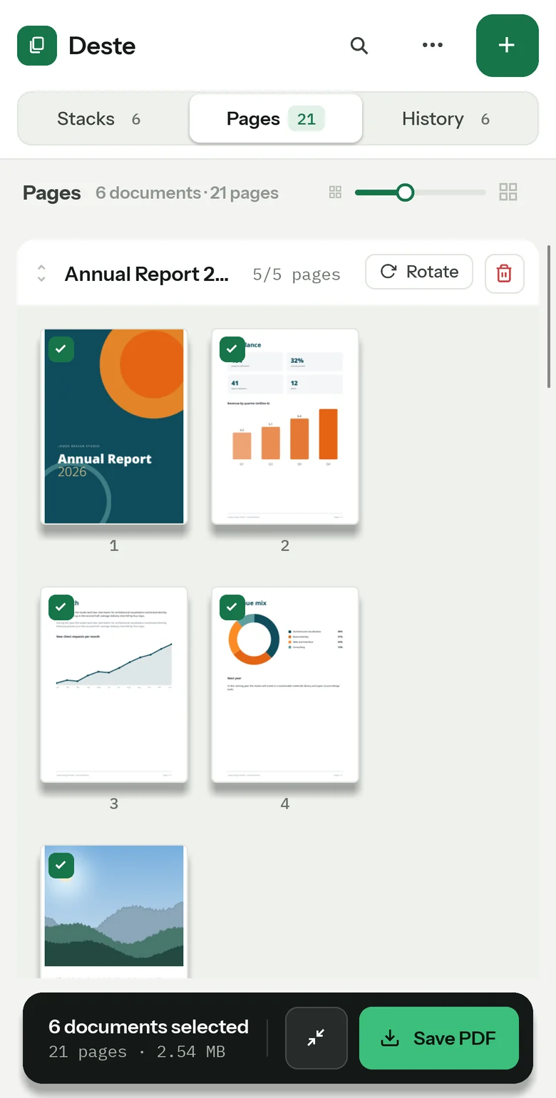 Deste on a phone: the All Pages view.