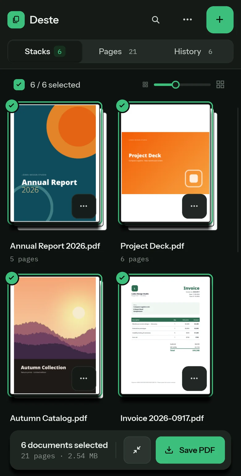 Deste on a phone: the Stacks view with two columns of document cards and the Save PDF button.