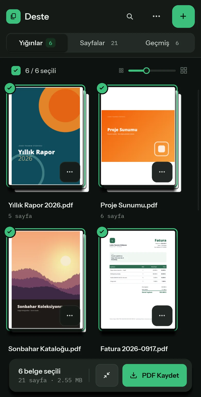 Telefonda Deste: Yığınlar görünümünde iki sütun belge kartı ve altta PDF Kaydet düğmesi.