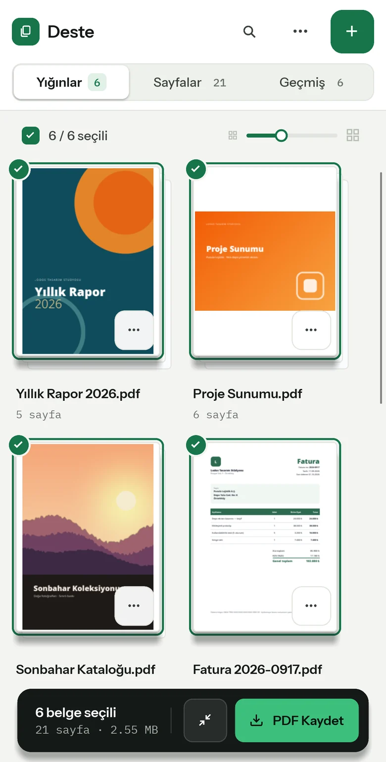 Telefonda Deste: Yığınlar görünümünde iki sütun belge kartı ve altta PDF Kaydet düğmesi.