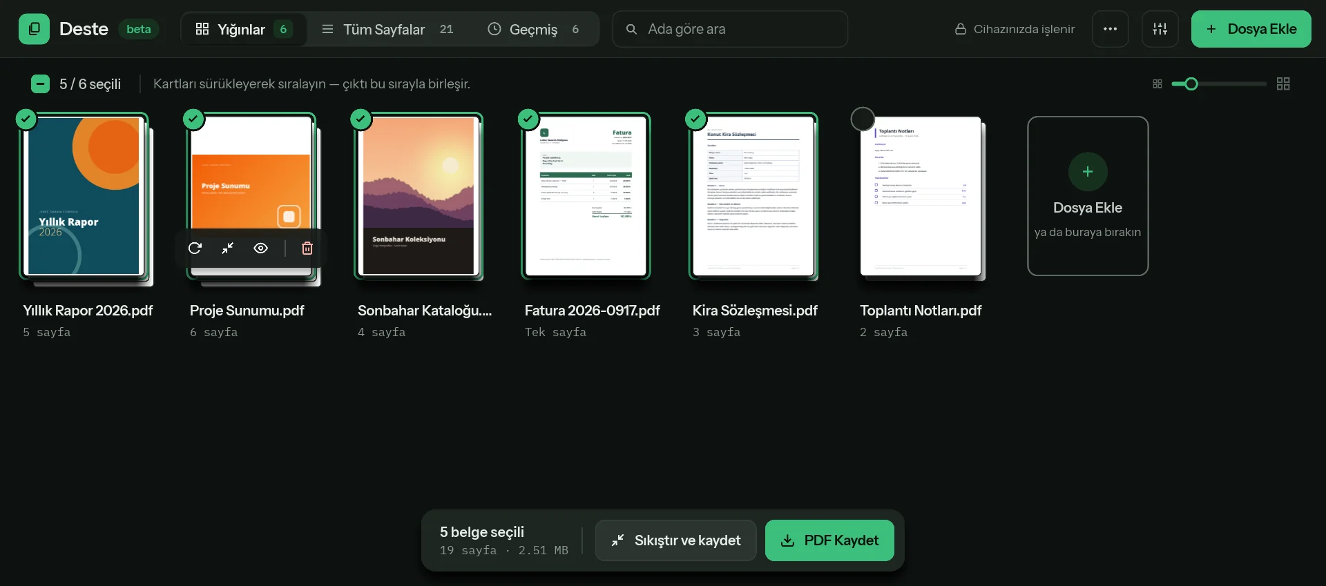 destepdf.com adresinde açık bir tarayıcı penceresinde Deste’nin Yığınlar görünümü: yıllık rapor, sunum, katalog, fatura, sözleşme ve toplantı notu kartları.