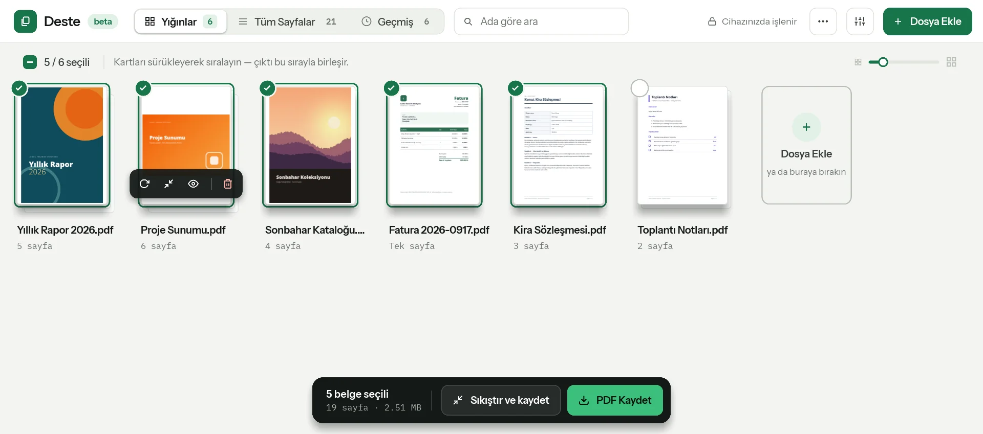 destepdf.com adresinde açık bir tarayıcı penceresinde Deste’nin Yığınlar görünümü: yıllık rapor, sunum, katalog, fatura, sözleşme ve toplantı notu kartları.