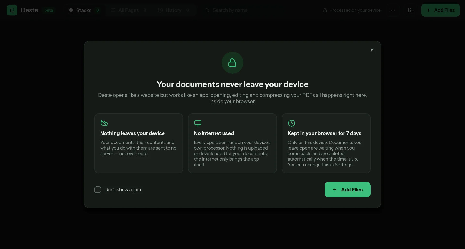 Deste’s welcome card: your documents never leave your device.