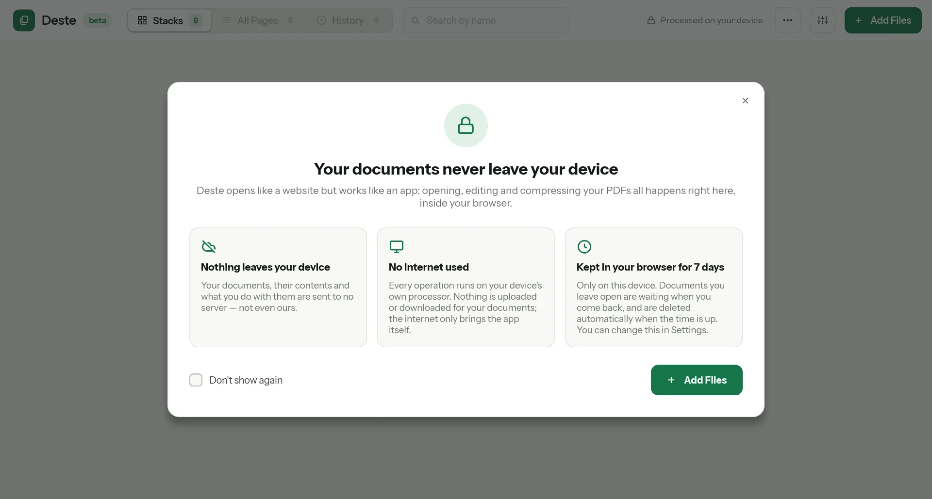 Deste’s welcome card: your documents never leave your device.