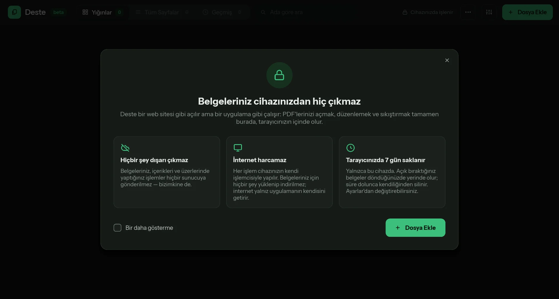 Deste’nin karşılama kartı: belgeleriniz cihazınızdan hiç çıkmaz.