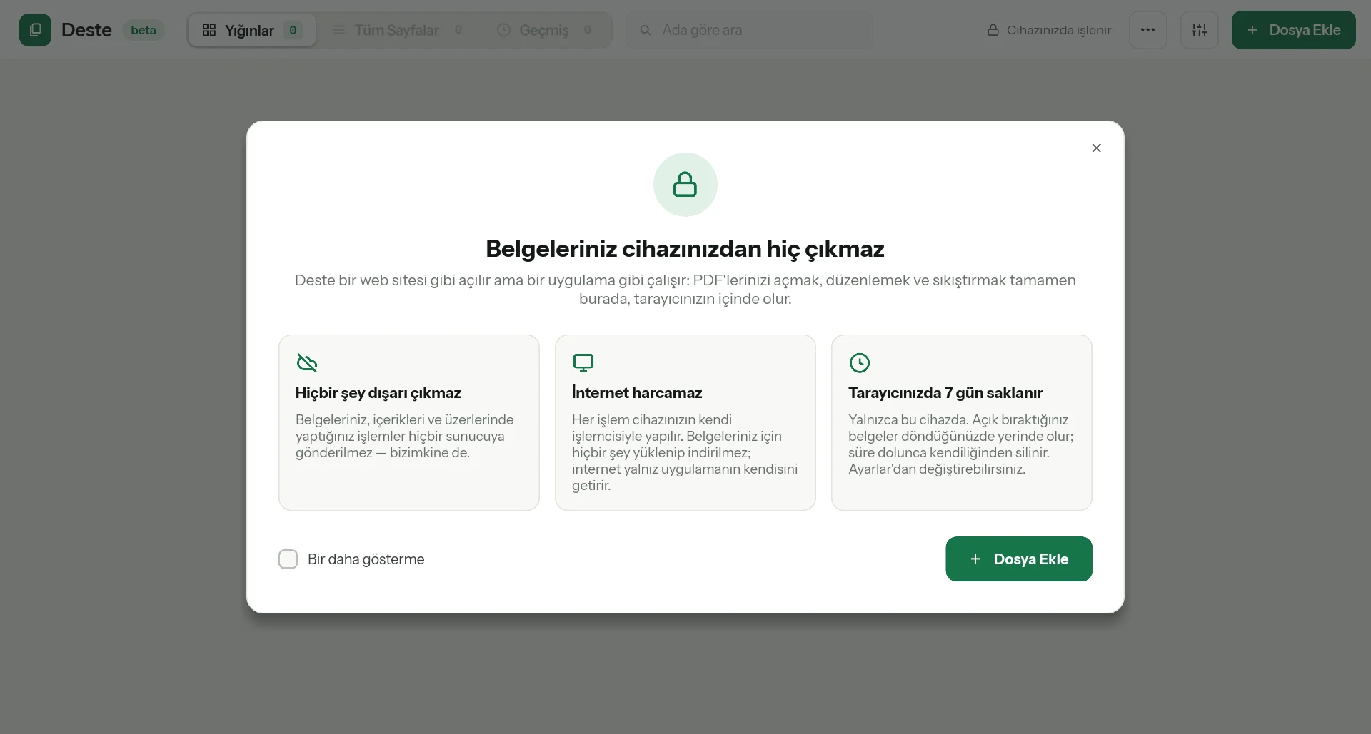 Deste’nin karşılama kartı: belgeleriniz cihazınızdan hiç çıkmaz.