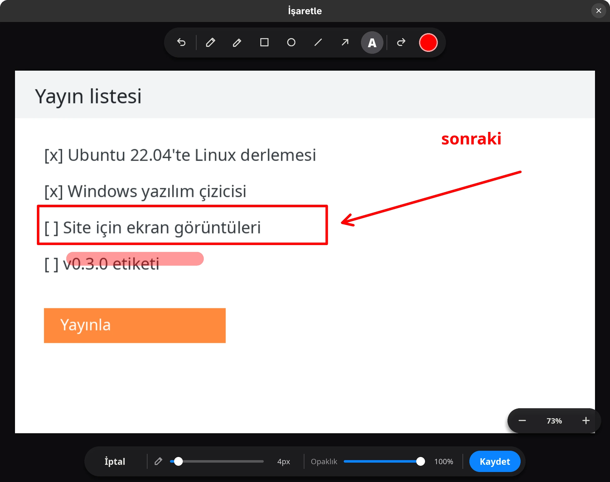 İşaretleme penceresi: bir listeye çizilmiş kutu, ok, vurgu ve not.