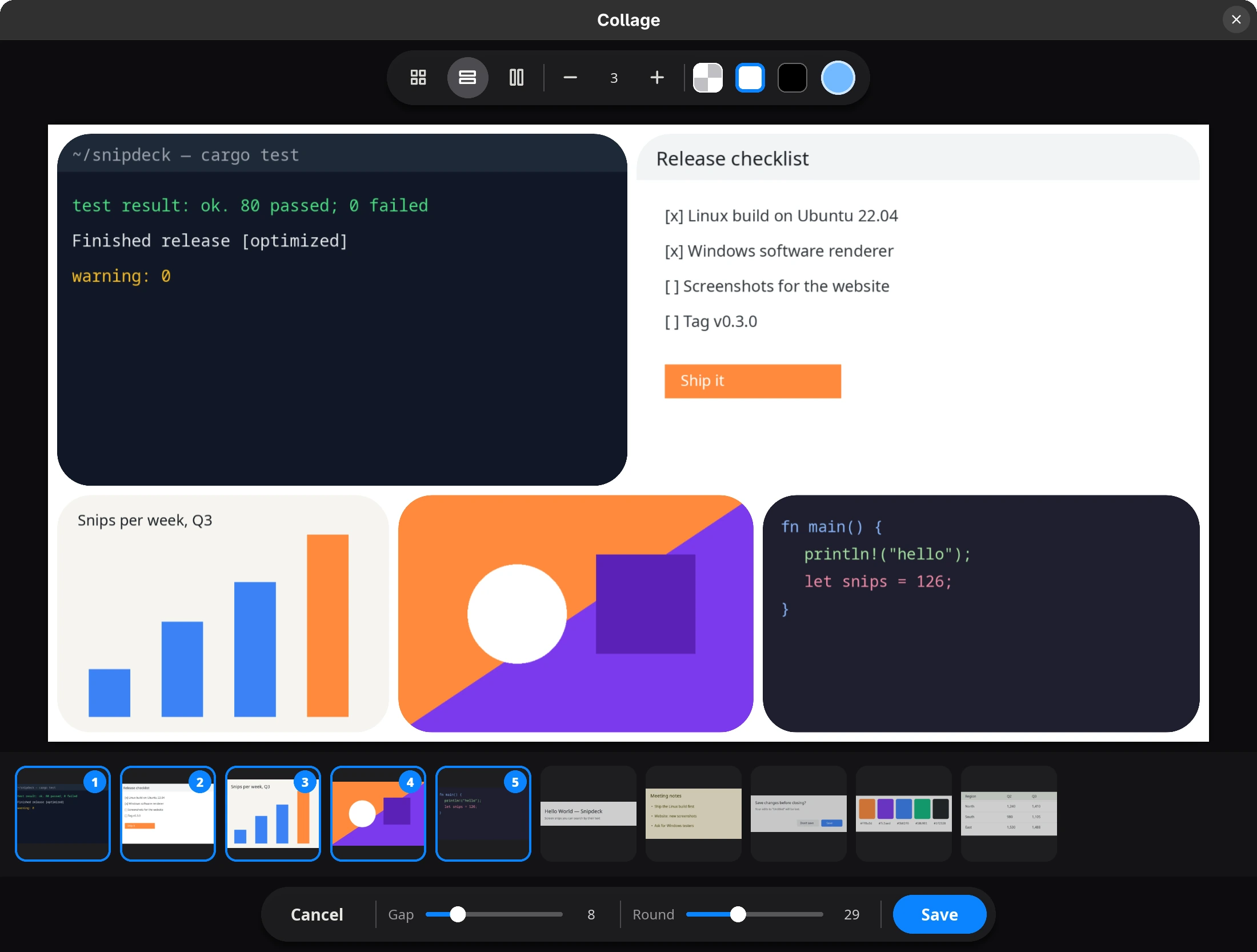 The collage editor: five snips laid out as one image with rounded corners.